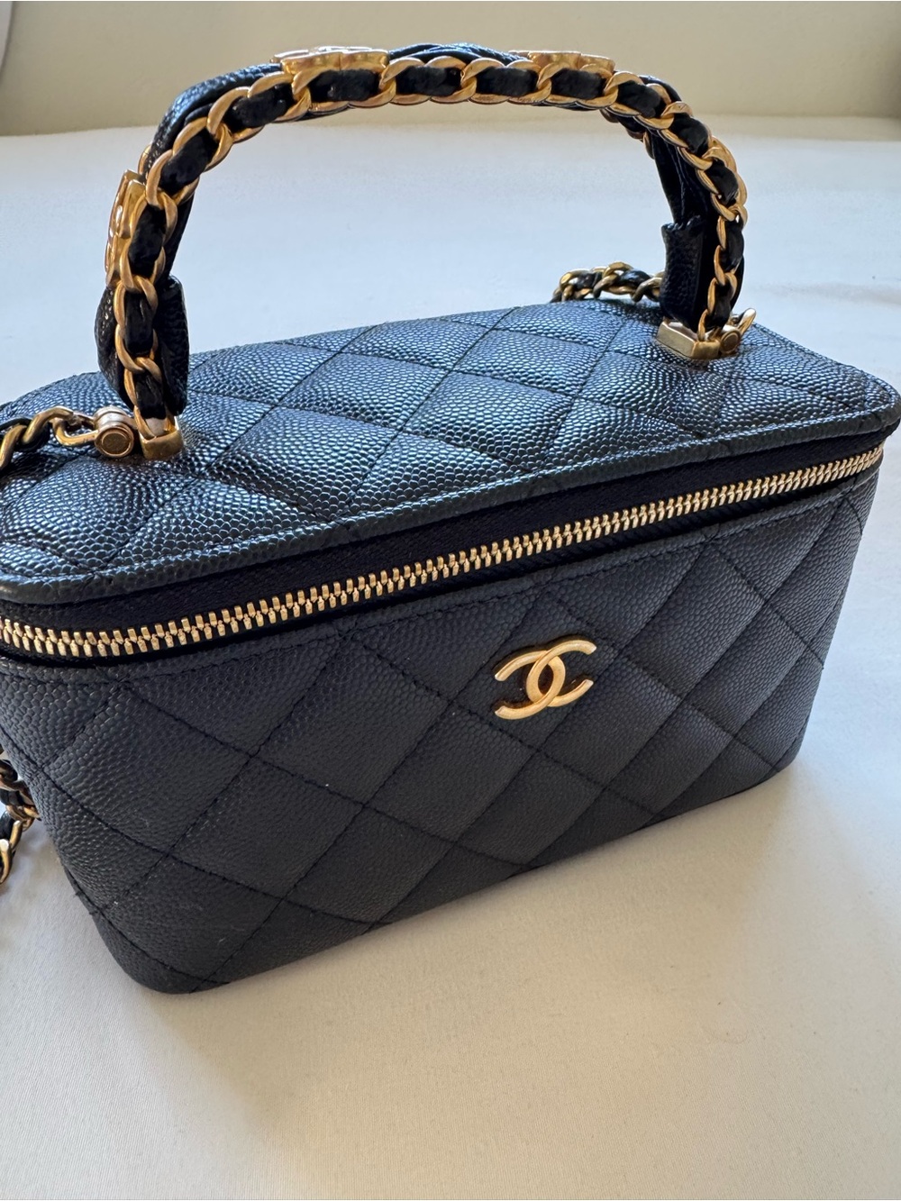 CHANEL Black Quilted Caviar Vanity Case with Gold Hardware